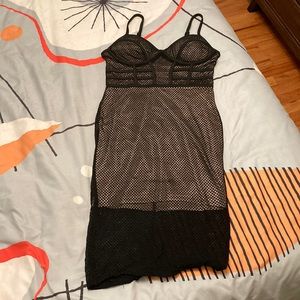 Black mesh wiggle dress with nude slip underneath
